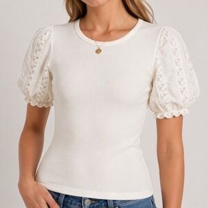 J. Crew Vintage Ribbed Blouse XS White Cotton blend Embroidered Puff Sleeve Boho